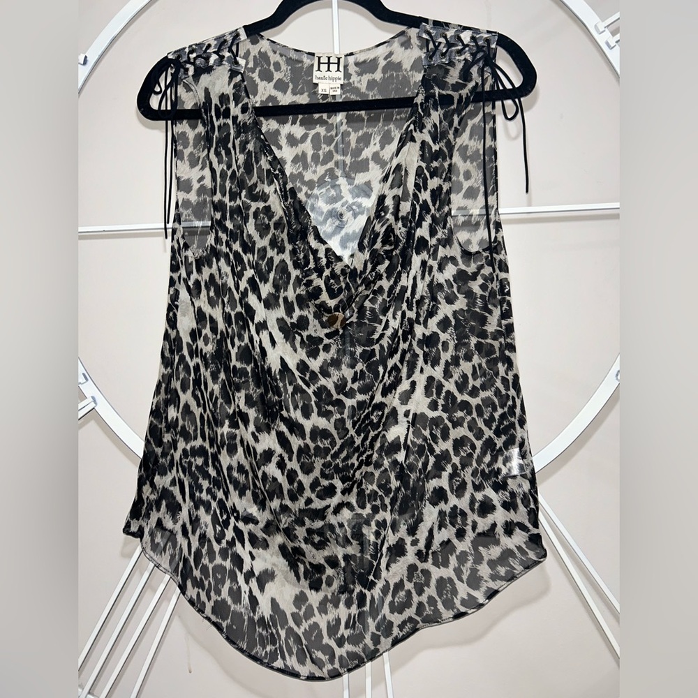 Haute Hippie 100% Silk Black & White Leopard Print Sleeveless Drape Top